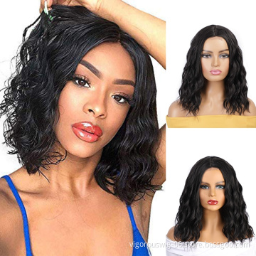 Vigorous Top Quality Short Wavy Bob Wigs For Black Women Middle Part Synthetic Lace Black Wigs Wholesale Price